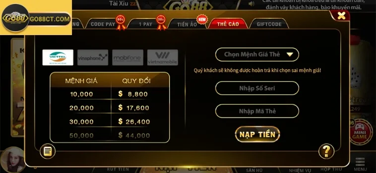 Không Nạp Được Tiền Go88